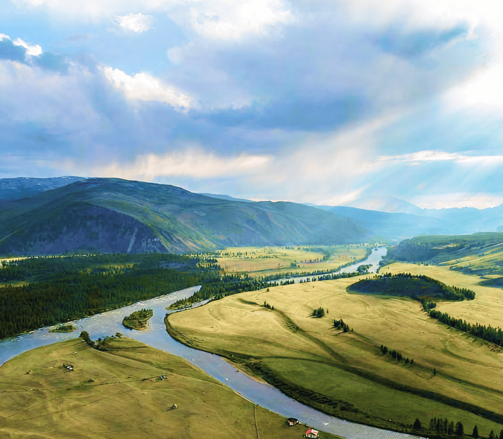 Aerial view of rivers and green valleys in the north, capturing the scenic beauty of a Mongolia trip